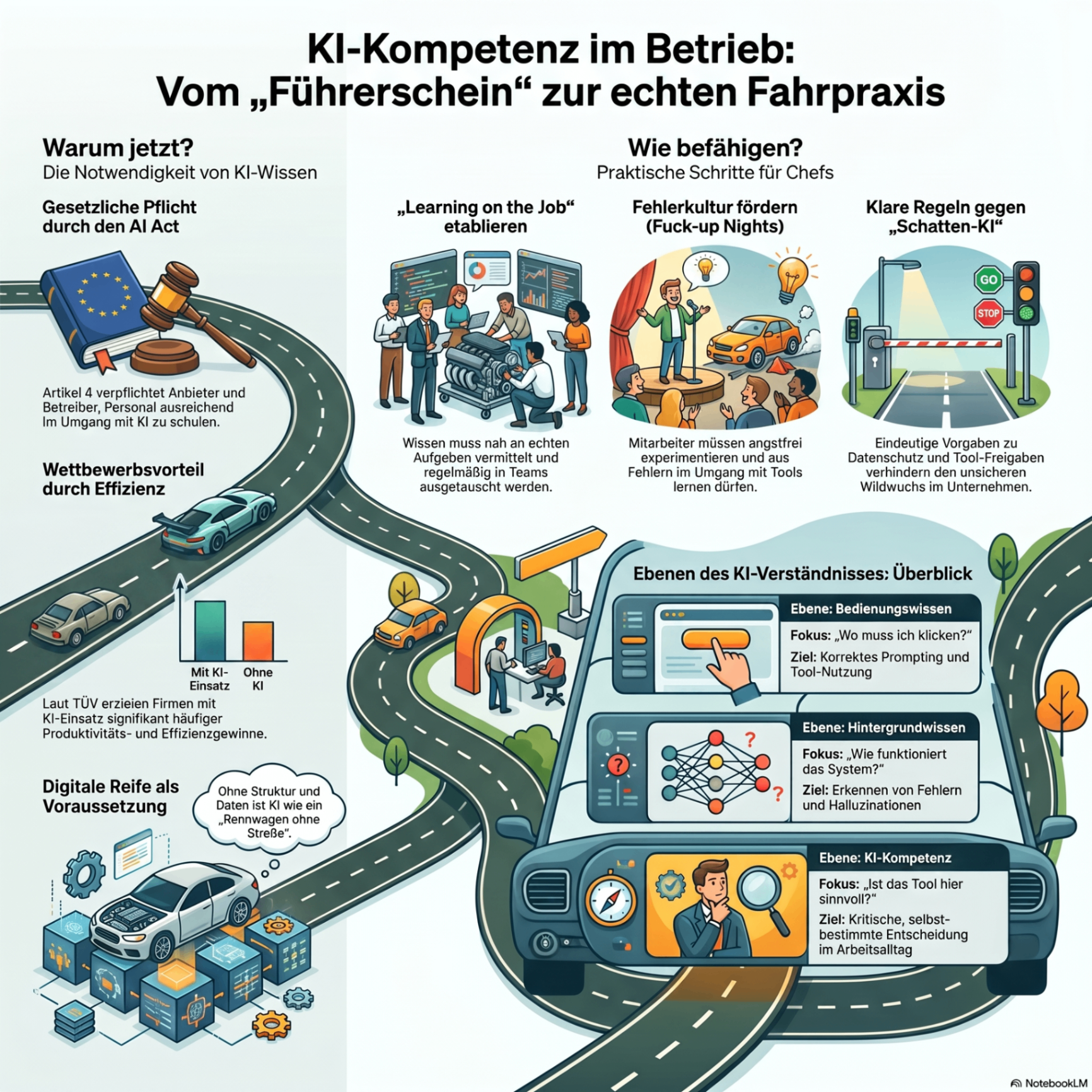 Infografik: KI-Kompetenz im Betrieb – vom Führerschein zur echten Fahrpraxis